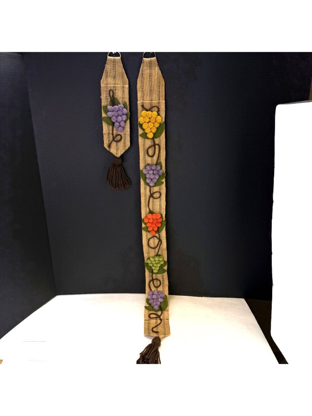 Vintage Burlap Strap Pom Pom Grapes Yardstick & Scissor Holder Set With Tassels